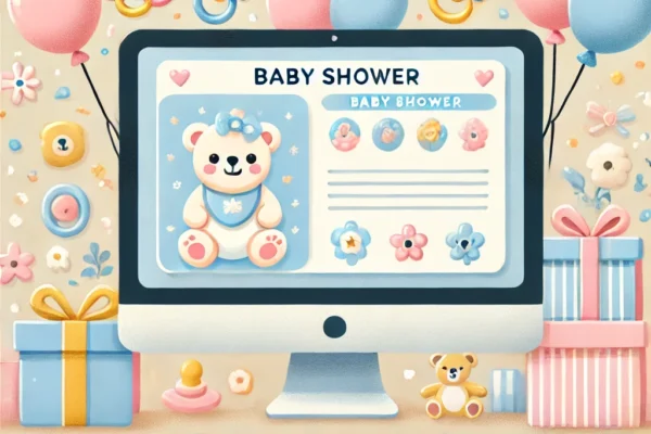 Illustration of a digital baby shower ecard on a computer screen with baby-themed icons, surrounded by gifts and baby bottles in a pastel color scheme.