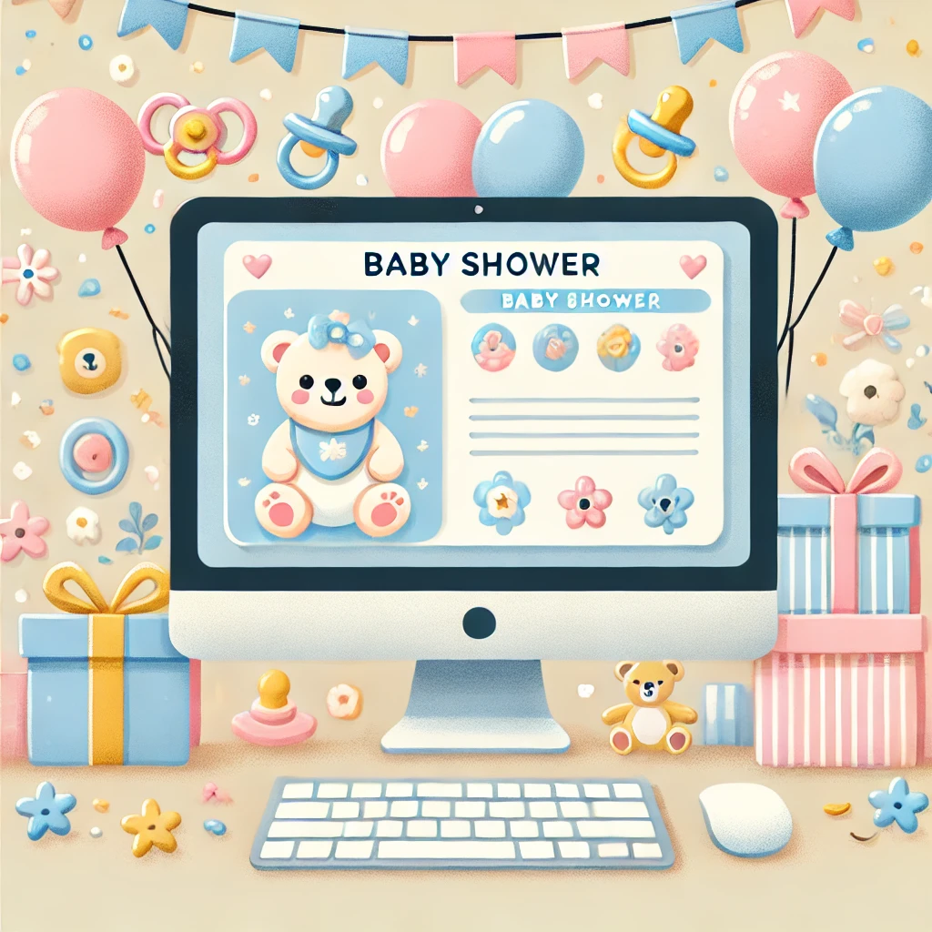 Illustration of a digital baby shower ecard on a computer screen with baby-themed icons, surrounded by gifts and baby bottles in a pastel color scheme.